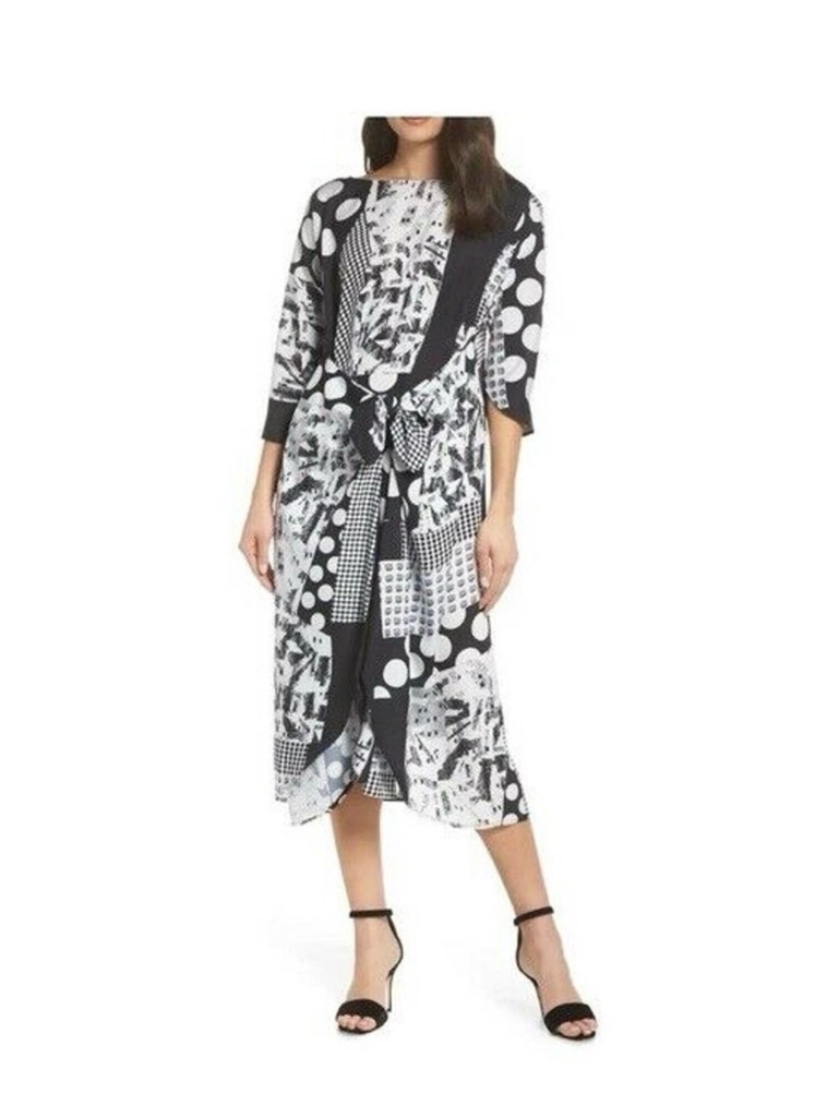 Caara Black And White Scarf Dress Midi Dress With Tie Front Nwt